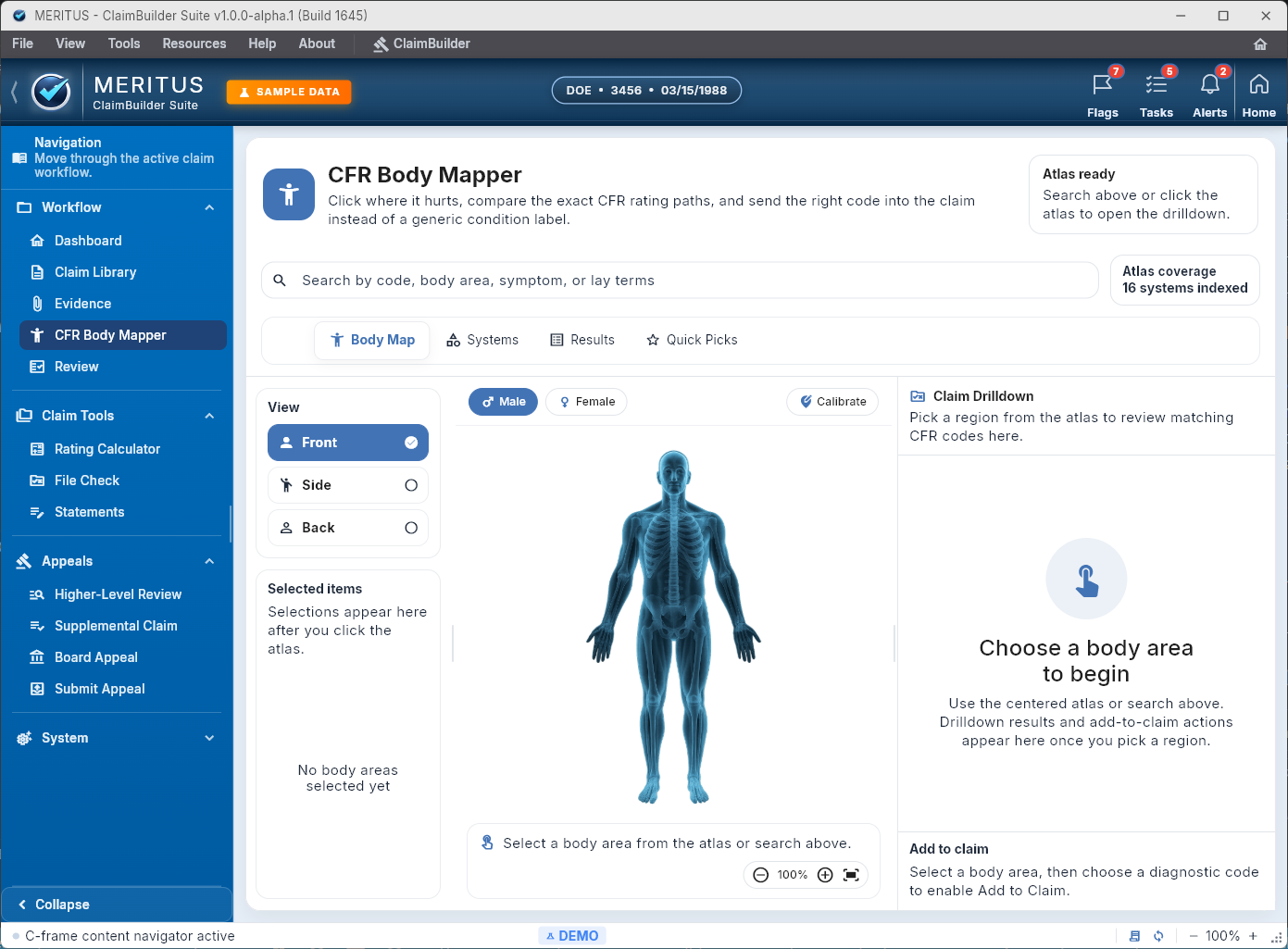 CFR Body Mapper with anatomical body views and claim drilldown panel