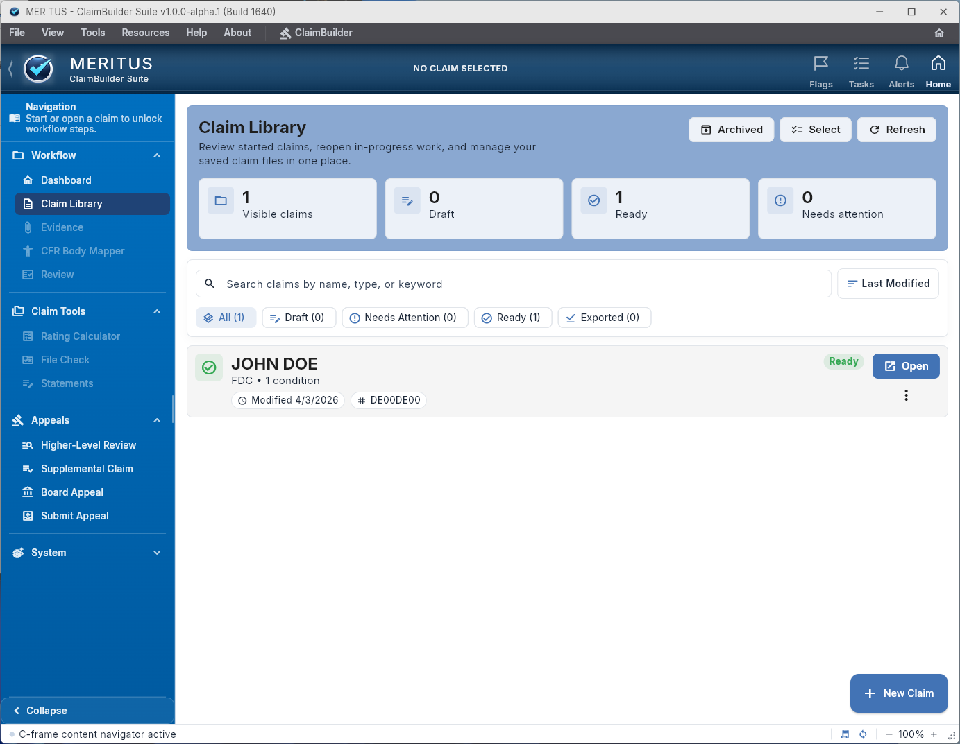 Claim Library screen with stat cards and claim rows
