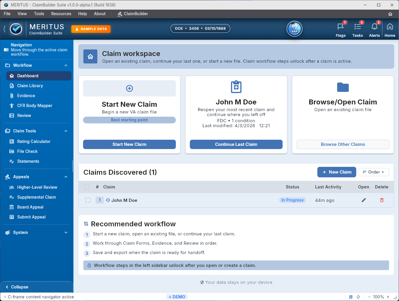 ClaimGap screenshot 1 of 24 - Dashboard. Claim Workspace with start, continue, and browse actions.