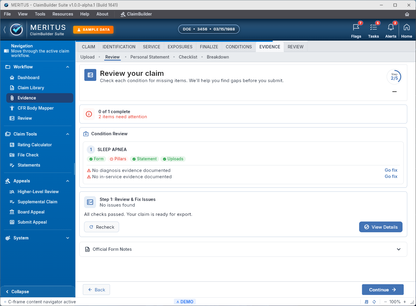 ClaimGap Evidence Review screen showing condition-level review with issue flags and review items