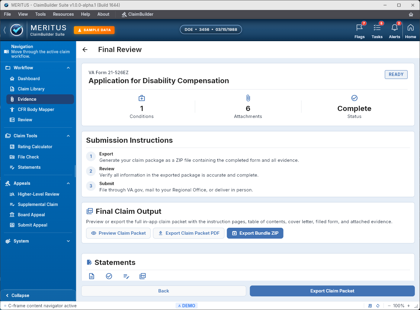 Final Review screen showing VA Form 21-526EZ ready status with export buttons