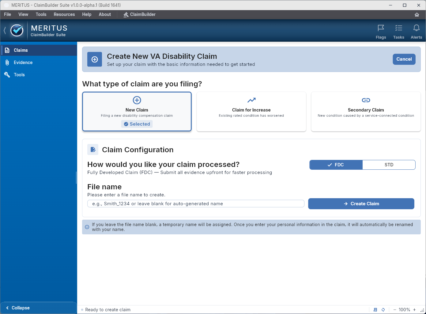 Start New Claim screen with claim type cards and processing track toggle