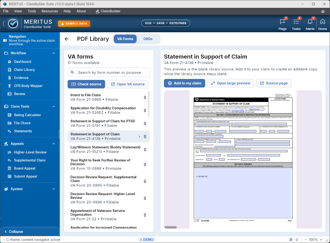 PDF Library with VA Forms tab showing 51 forms and a side-by-side preview pane